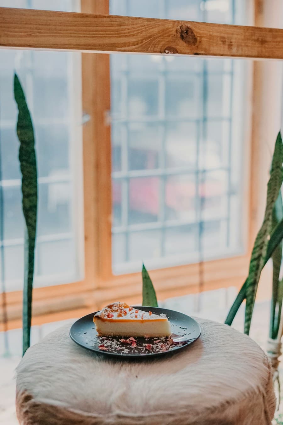 Trozo de cheesecake en un plato negro
